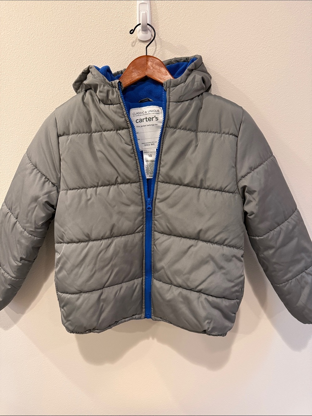 Carter's Gray Puffer Jacket with Blue Fleece Insulation and Hood